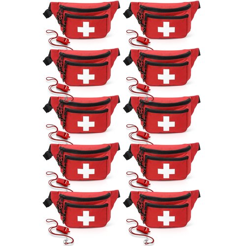 EMS XTRM Lifeguard Fanny Pack Red with Whistle Lanyard - Baywatch Style First Aid Hip Pack, Adjustable Strap, Cross Logo + Zipper Pouch, 10 Pack