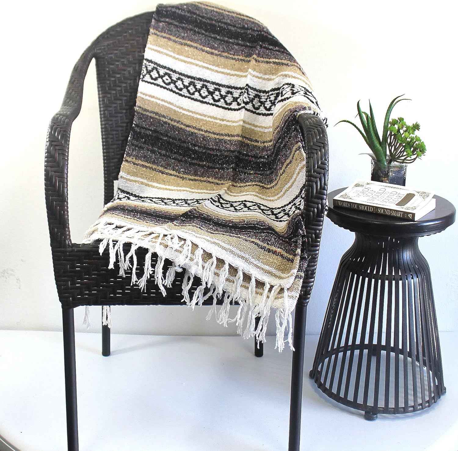 Authentic Del Mex Large Mexican Blanket - Woven Falsa Throw (70"x50") for Beach, Yoga & Outdoor Decor - Pink/Tan