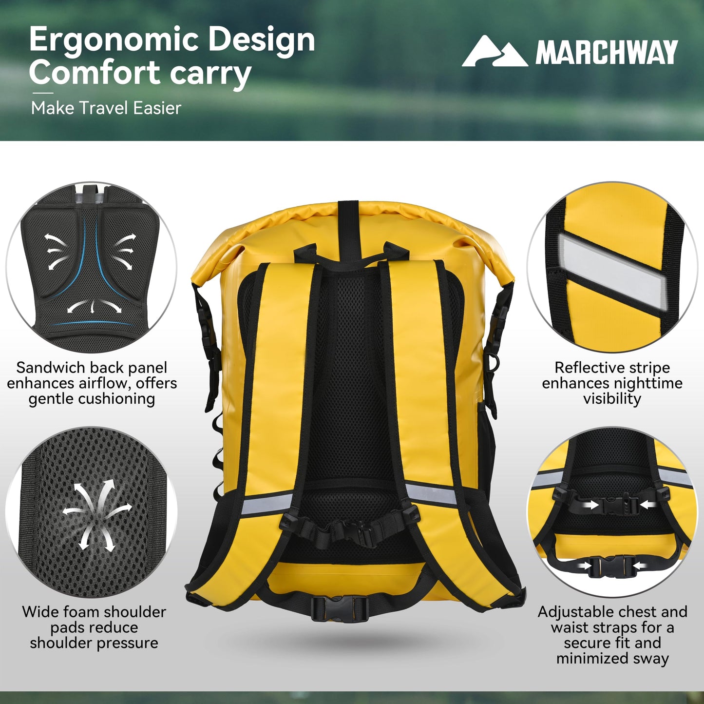 MARCHWAY Roll Top Waterproof Backpack, Floating Dry Bag 20L/30L/45L with Ergonomic Rectangular Base, Cushioned Back, Hip Strap for Hiking Camping Kayaking Travel (Yellow, 20L)