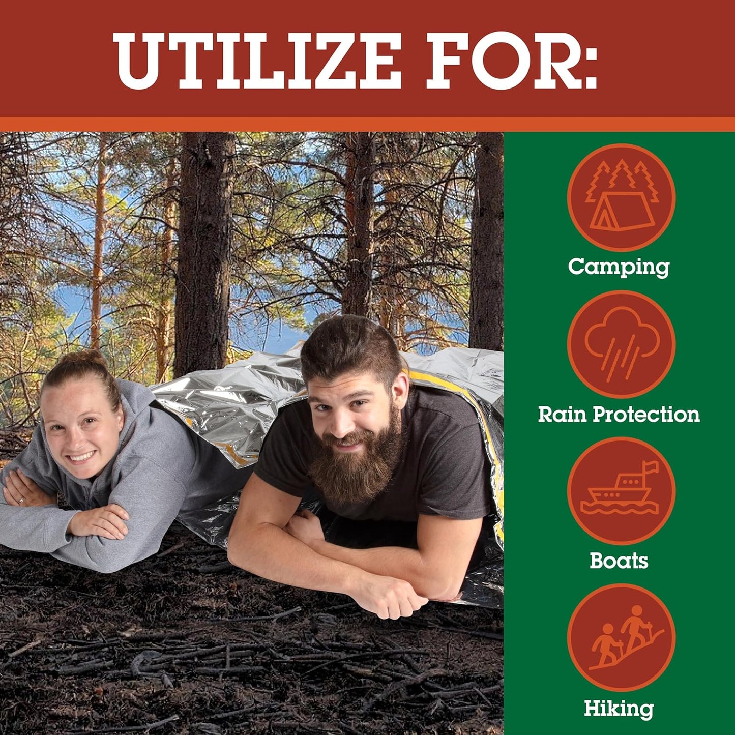 Emergency Thermal Mylar 2 Person Sleeping Bags -Ultra Compact for Camping, Survival, Disaster Bivouac Shelter- Pocket Sized, 7.25ft x 5.25ft - Retains 90% of Body Heat and Repels Wind & Water