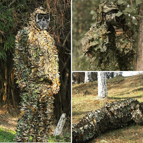 Ghillie Suit Outdoor Leafy Suit for Hunting Super Lightweight Hooded Camouflage Including Clothes Gloves Face Mask and Bag