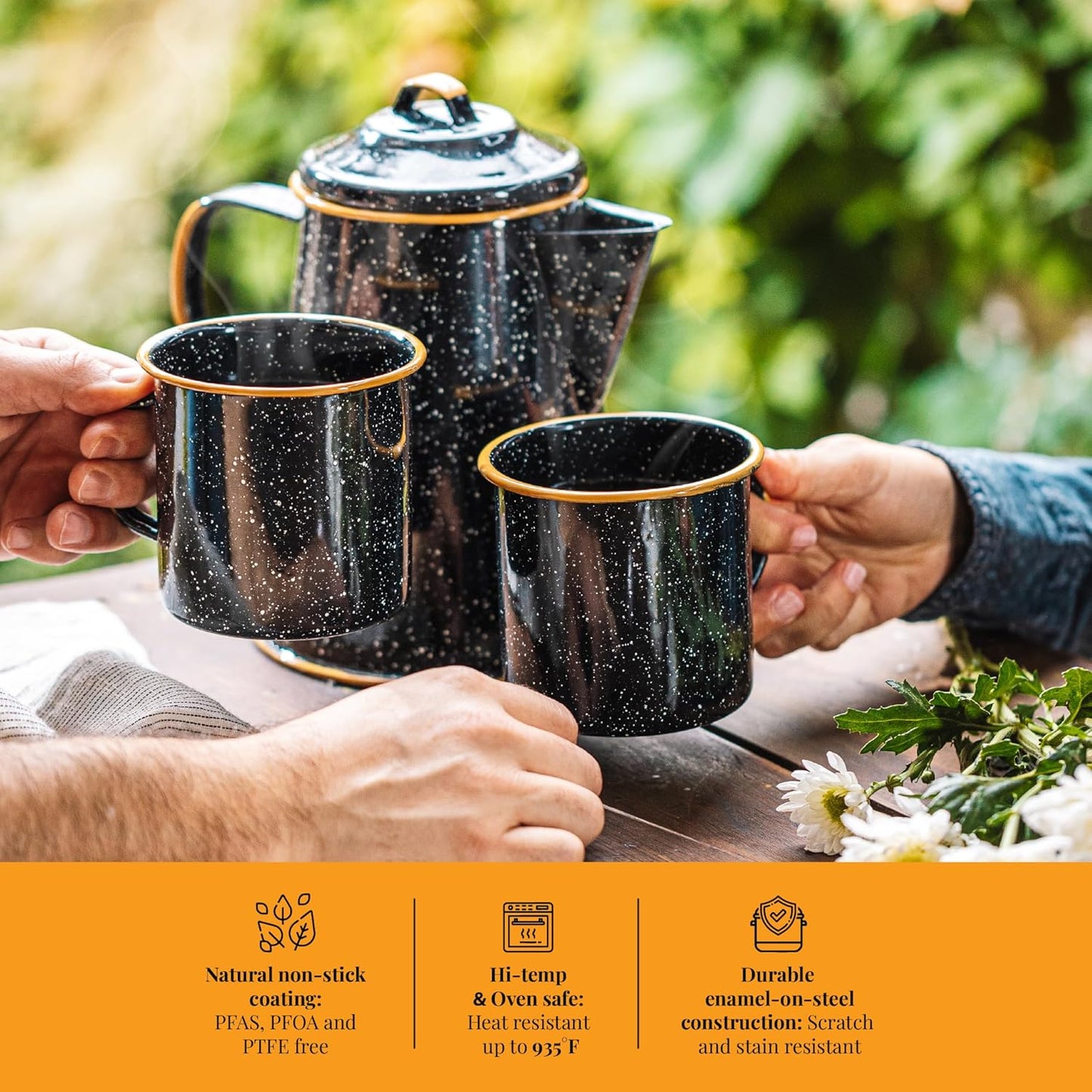 Granite Ware Coffee Boiler, 3-Quart - Stovetop or Campfire Coffee Pot, Durable Enameled Steel for Rapid Heat Absorption, Energy Efficient Design for Outdoor Adventures (Speckled Black)