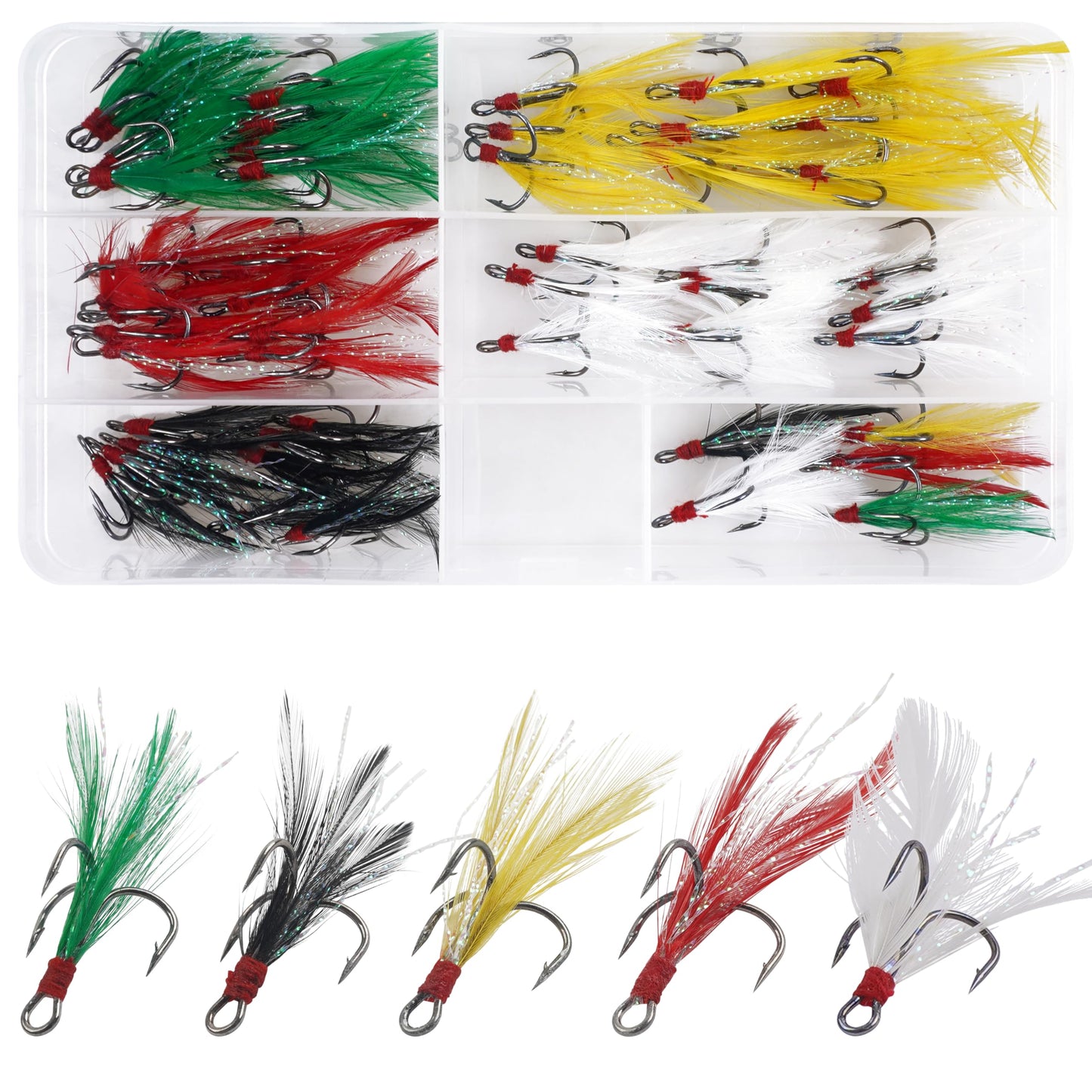 Fishing Treble Hooks Feather Hooks,50pcs Feathered Dressed Treble Hooks Kit Round Bend Treble Fishing Hooks Barbed Triple Fish Hooks for Catfish Lure Baits Saltwater Freshwater