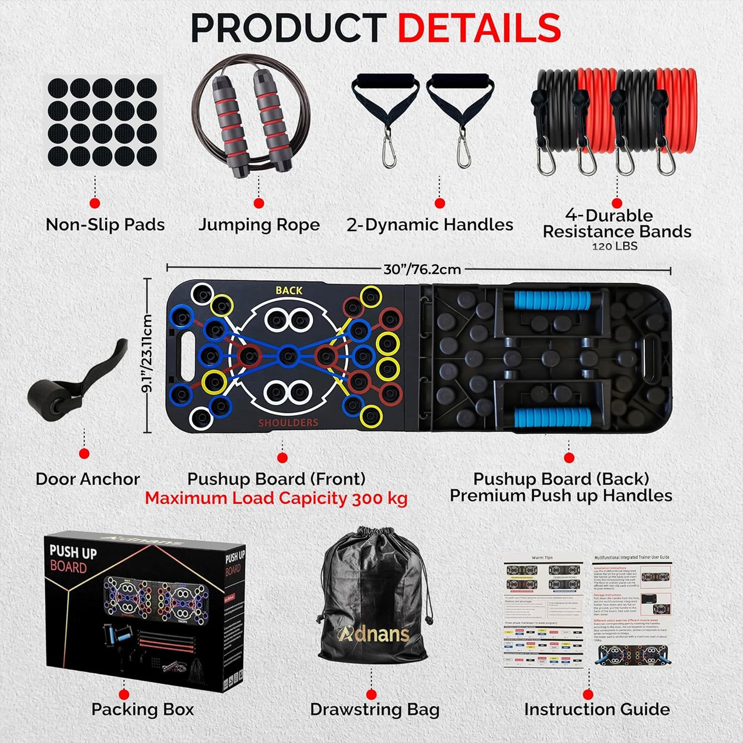 Adnans 54 in 1 Upgraded Foldable Push up Board - Multi-Functional Push Up Bar, Resistance Bands with Handles and Jumping Rope, at Home Workout Equipment for Perfect Push Up