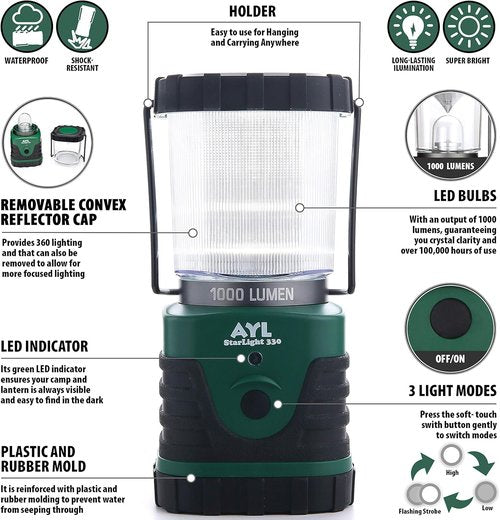 AYL Starlight 700 - Water Resistant - Shock Proof - Long Lasting Up to 6 Days Straight - 1300 Lumens Ultra Bright LED Lantern - Perfect Lantern for Hiking, Camping, Emergencies, Hurricanes, Outages