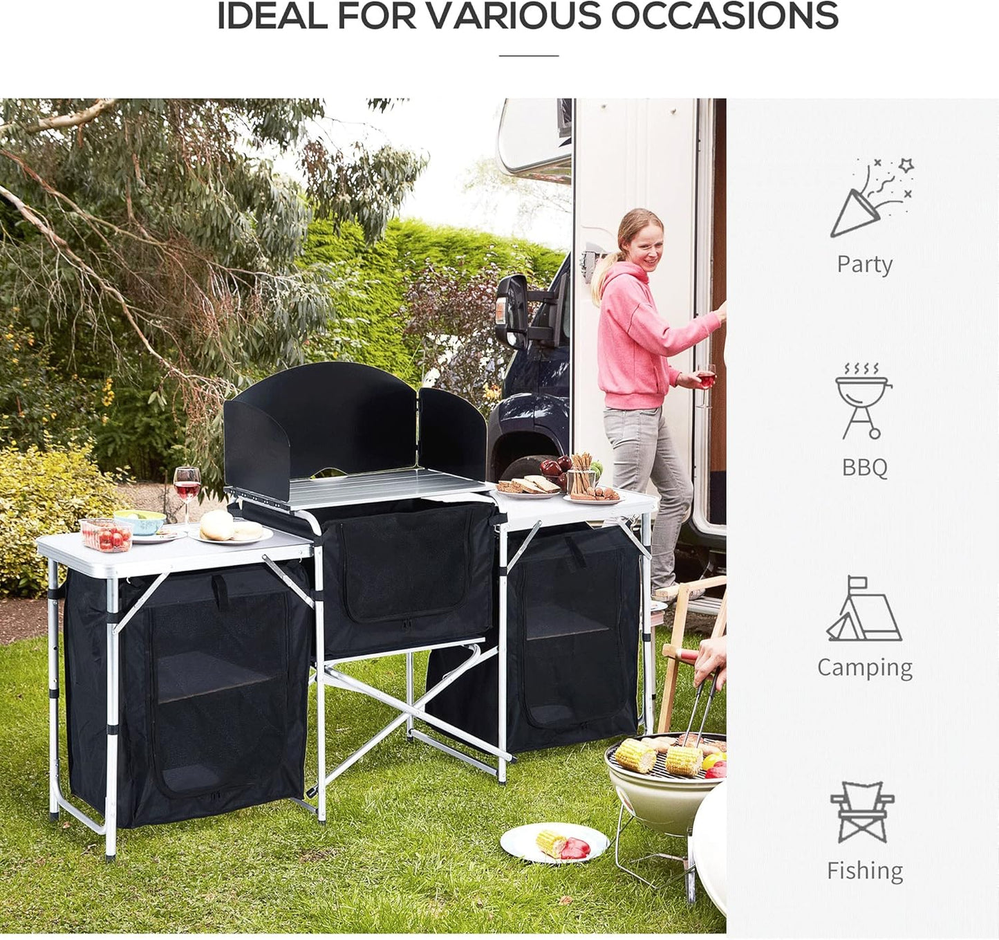 Outsunny Camping Kitchen Table, Aluminum Portable Outdoor Cooking Table, Fold-Up Cook Station with Windscreen and 3 Enclosed Cupboards for BBQ, Party, Picnics, Backyards