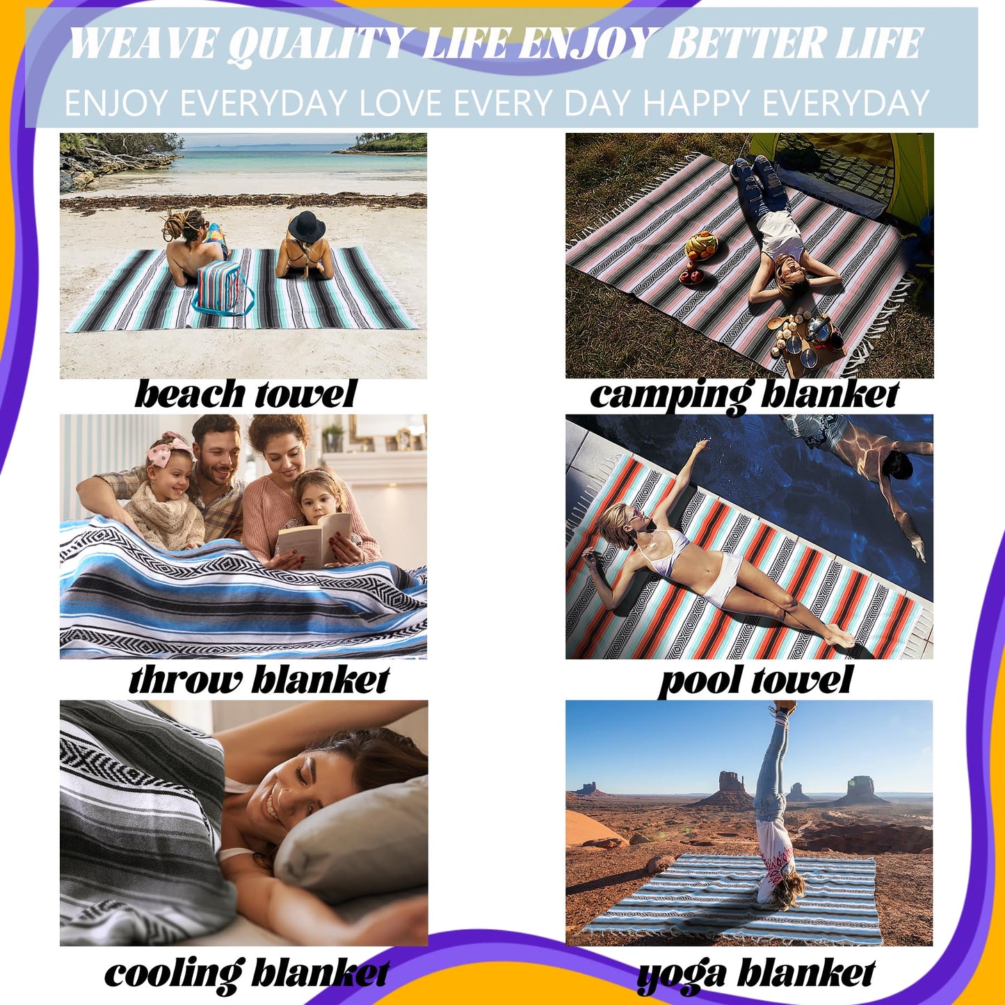 Genovega Mexican Throw Blanket Lightweight Serape Outdoor Extra Large Picnic Camping Blanket Beach Blanket Turkish Towel Sandproof Honeymoon Gift Fast Dry XL Compact Tent Gadgets 60" x 78" Mint