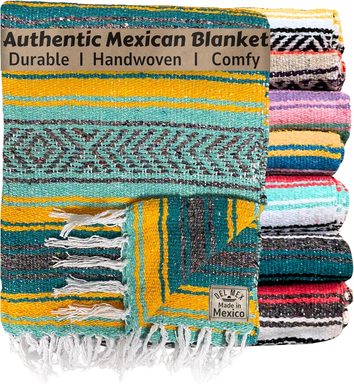 Authentic Del Mex Large Mexican Blanket - Woven Falsa Throw (70"x50") for Beach, Yoga & Outdoor Decor - Pink/Tan