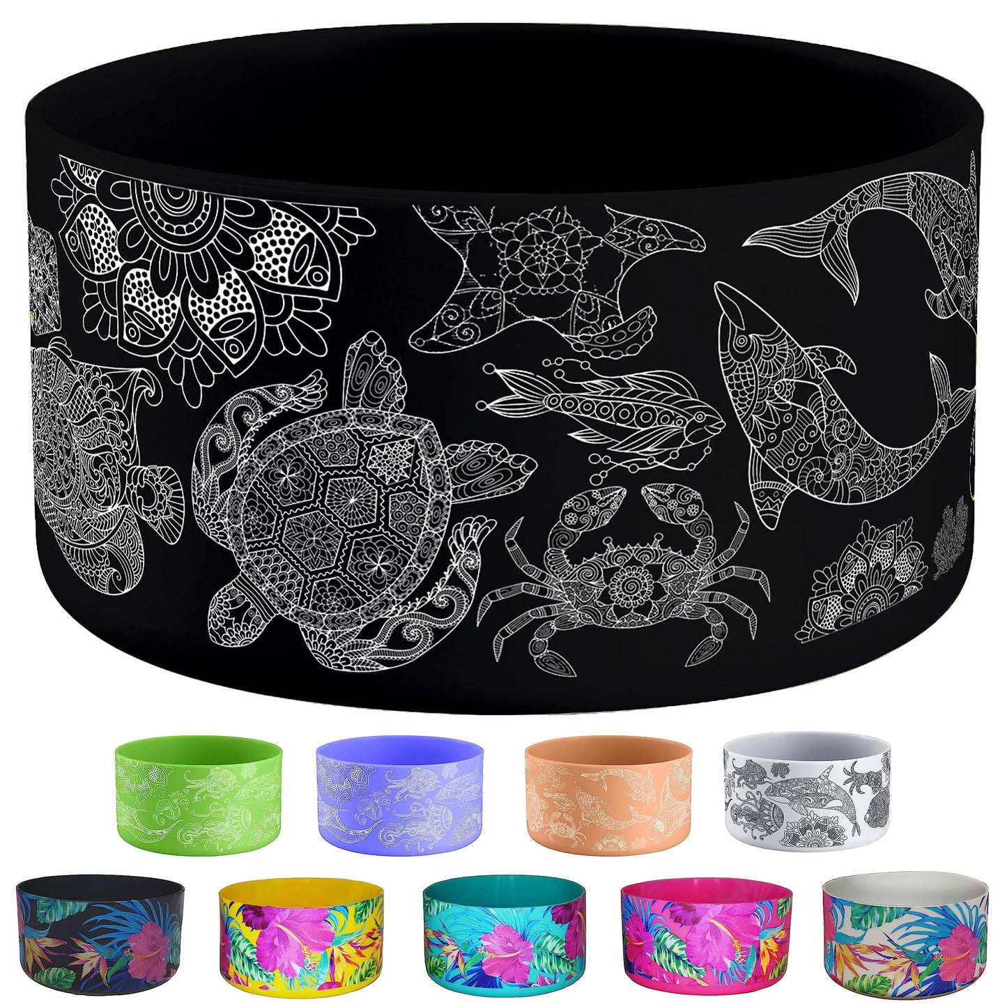 Hydro Heel Protective Silicone Bottom Sleeve, 12oz-40oz. Fits All Vacuum Insulated Stainless Steel Water Bottles, Anti-Slip, Anti-Scratch, Rubber Flex Skin Cover (12-24oz, Black Ocean Mandala)