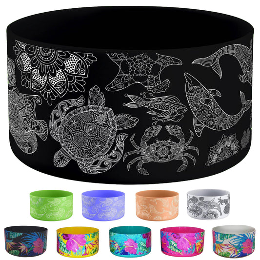 Hydro Heel Protective Silicone Bottom Sleeve, 12oz-40oz. Fits All Vacuum Insulated Stainless Steel Water Bottles, Anti-Slip, Anti-Scratch, Rubber Flex Skin Cover (12-24oz, Black Ocean Mandala)