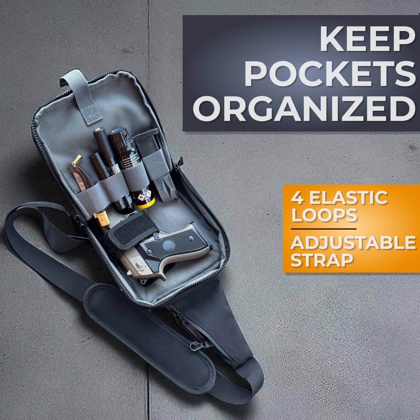 ARMORWERK Premium Carry Sling Bag for Men with Quick Access Pull Tab and 4 Accessory Slots — CCW Sling Bag for Men with Waterproof Heavy Duty Zippers — Durable Adjustable Holster Included