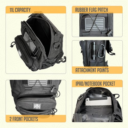 Monterra Tactical Shoulder Sling Bag for EDC, Crossbody, Outdoor Sports Gear and Equipment, Travel Daypack, Hiking Backpack, Camping Adventures, Survival Backpack, Hunting, Concealed Carry.