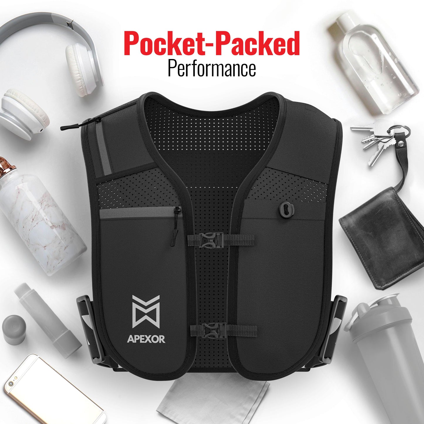 APEXOR Running Phone Holder Vest With Water Bottle | Reflective With 5 Pockets | Adjustable Waist and Chest Band | Waterproof | Lightweight | for Men and Women