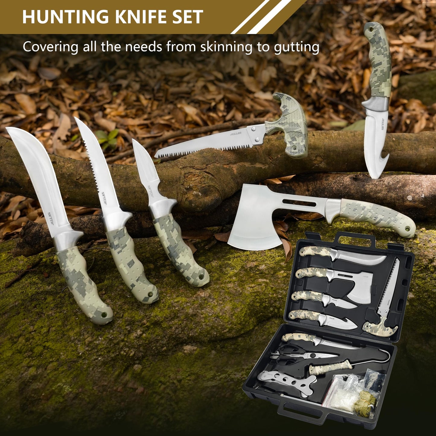 Jellas Professional 15-Piece Hunting & Outdoor Gear Set | Game Processing Kit with Field Dressing Tools, Bone Saw, Gut Hook, Fixed Blade, Boning, Skinning & Fillet Blades | Heavy-Duty Portable Case