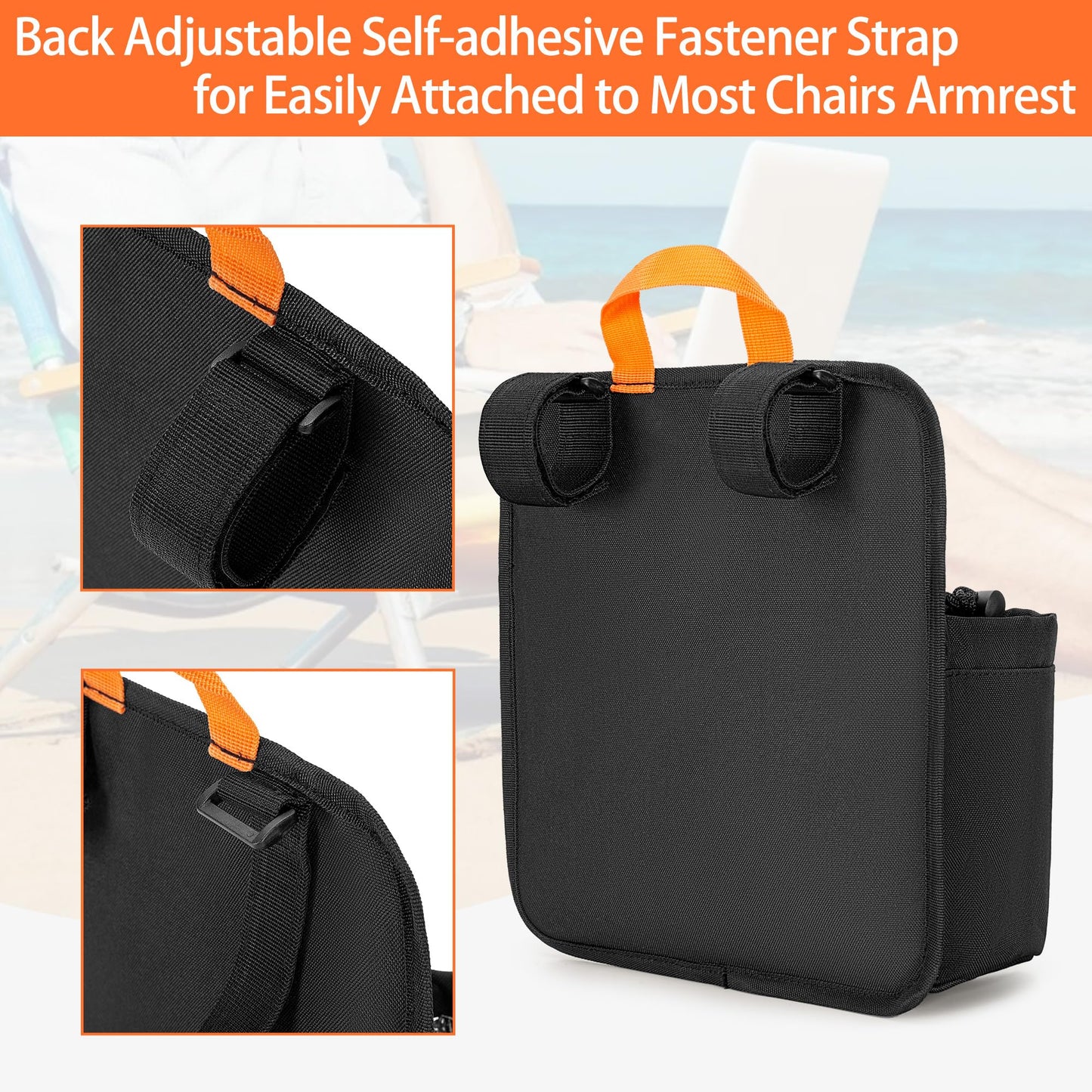 GRAOSO Beach Chair Cup Holder, Chair Side Organizer Easily Attached to Armrest with 2 Self-Adhesive Fastener Strap, Hanging Chair Attachment for Water Bottle, Sunglasses, Phone, Snack, etc..