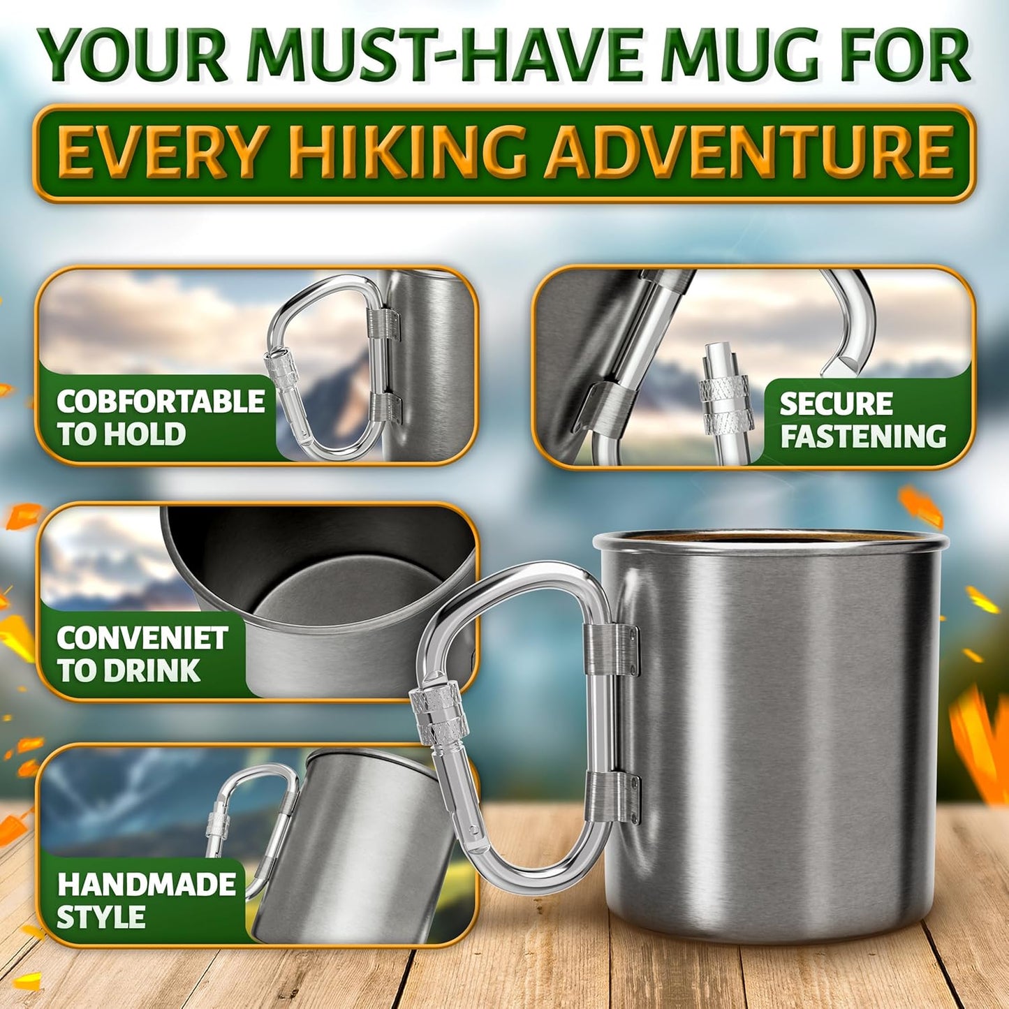 Stainless Steel Mug with Handle - Coffee Camping Mug with Carabiner Handle Portable Backpack Outdoor Cup Lightweight Camping Gear for Men - 13.5Oz Backpacking Coffee Cup Hiking Gift Climbing Mug