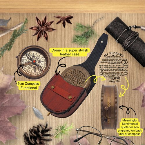 Royalmart Engraved Compass Gift for Men Personalized with Wooden Box Handmade Antique Brass Compass Keepsake Gifts for Husband Navigation Graduation Gift for Women (to My Husband #8)