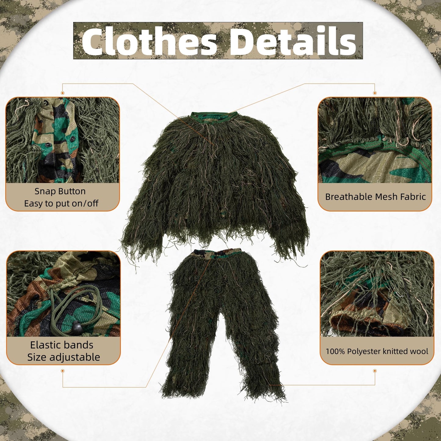 SETLUX Ghillie Suit for Men, Gilly Suit for Adults Camo Hunting Clothes 3D Woodland Camouflage Suits for Hunting(Desert 2XL)