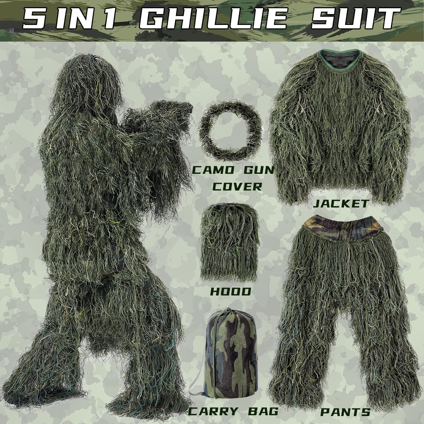 5 in 1 Ghillie Suit, 3D Camouflage Hunting Apparel, Suitable for Hunting, Sniper, Halloween Costume (SM,ML,XL)