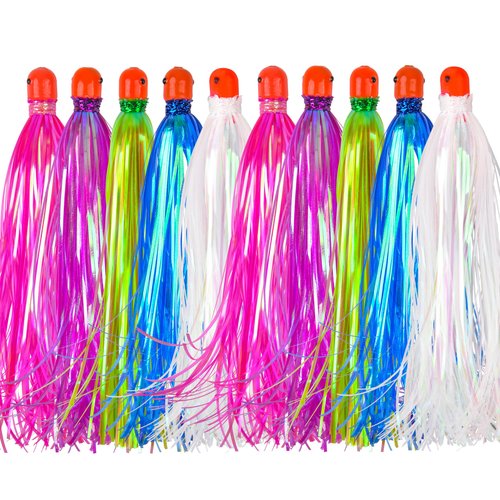 Mylar Flash Teaser Tail Fishing Teasers Weighted Jig Heads Fishing Bait Bullet Sinker Head 0.35 Ounce with Mylar Flash Skirts Hair Lure 8pcs/Pack