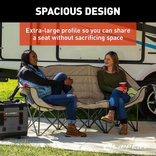 Lippert Campfire Folding Couch - Sand, High-Loft, Foldable Sofa, Dual Cup Holders, Power Coated Steel Frame, Durable 600D Polyester Fabric for Outdoor Use, 500 lb. Capacity, 2022114795