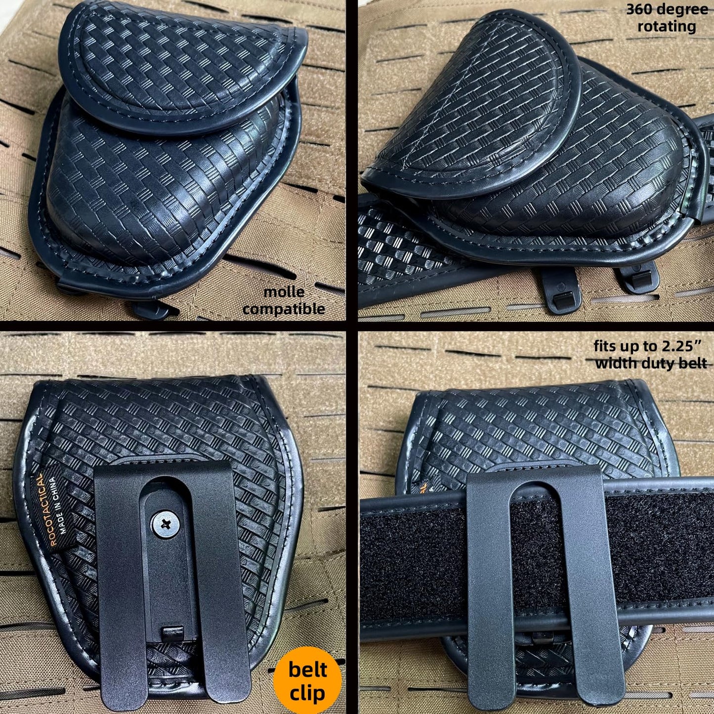 ROCOTACTICAL Hidden Snap Single handcuff case w/360 Degree Rotating Belt Clip, Basketweave Single Cuff Case for Law Enforcement