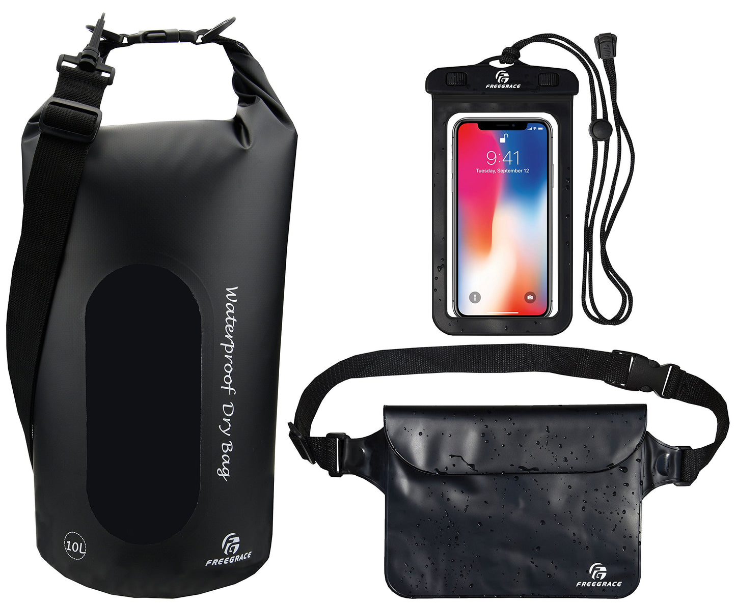 Freegrace Waterproof Dry Bag Set of 3 - Submersible Dry Sack with Double Zip Lock Seals - Includes Waist Pouch & Phone Case - Perfect for Kayaking, Swimming, Boating & Rafting (Black(Window), 5L)