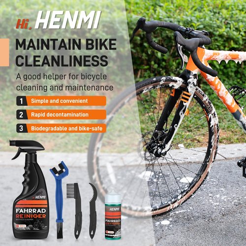 HENMI Bike Cleaning Kit and Chain Oil Lubricant with Bicycle Degreaser 500ML,Bike Chain Lube 100ML,Cleaner Brush Tool,Rear Cogs,Chainrings,Suitable for All Types