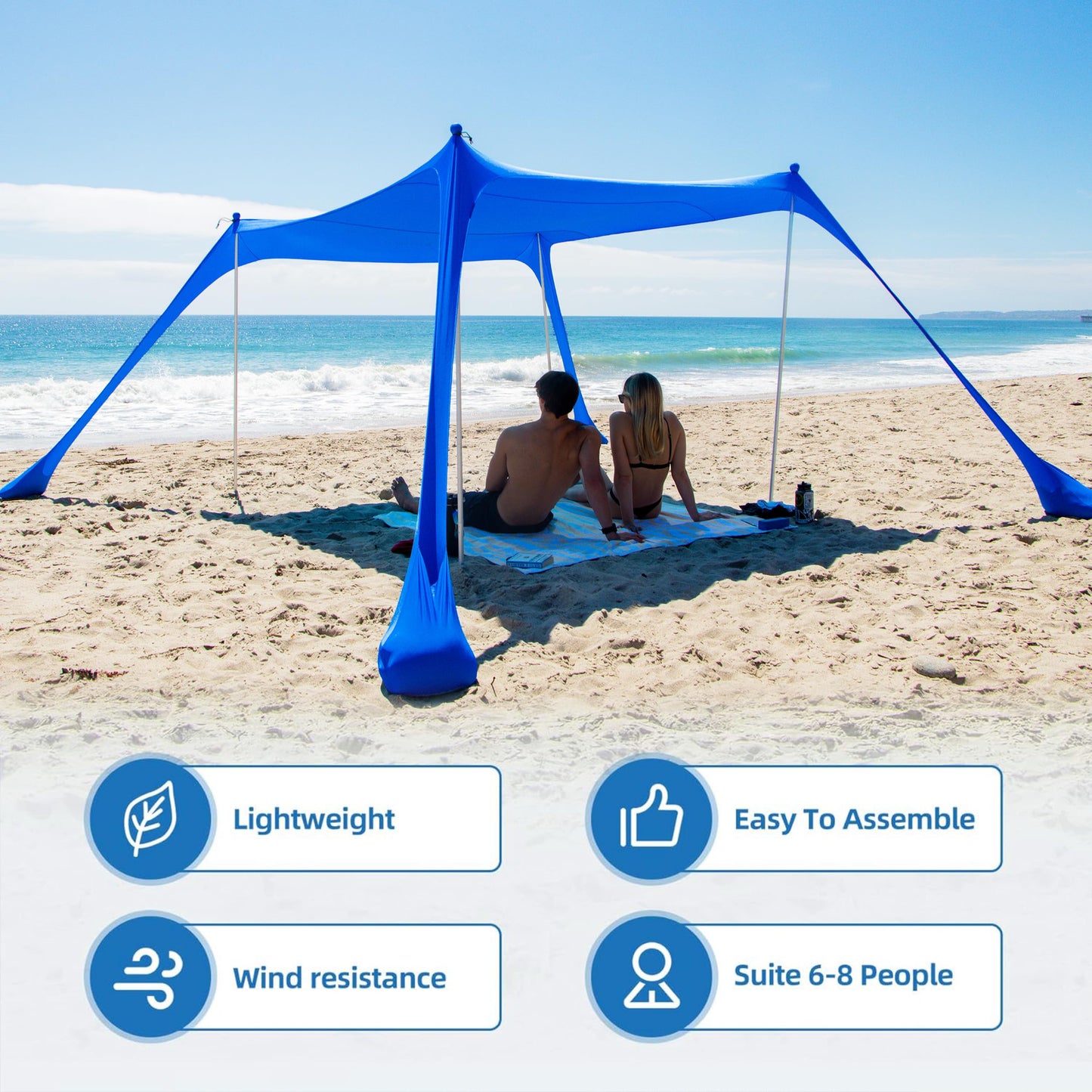AMMSUN Beach Tent Portable Sun Shelter,9X 9ft Beach Canopy Easy Setup, 9'X9'Lycra Sun Shelter UPF50+ Protection 4 Sand Bags 4 Aluminum Poles with Sand Shovel for Family Beach Camping Outdoor Navy Blue