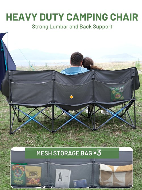 TIMBER RIDGE Padded 3 Person Camping Chair Supports to 1050lbs, Portable Camp Couch Double Camping Chairs, Outdoor Oversized Folding Loveseat Perfect for Campsites, Patio/Lawn, Soccer Games, Grey