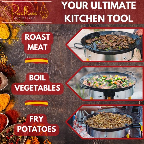 Paelluxe Paella Burner and Stand Set 12 Servings, 18 Inch Paella Pan, Dual Propane Outdoor Stove with Stand & Regulator, Portable Gas Cooker for Camping Crawfish Boil Cooking Outdoor, Paellera Propano