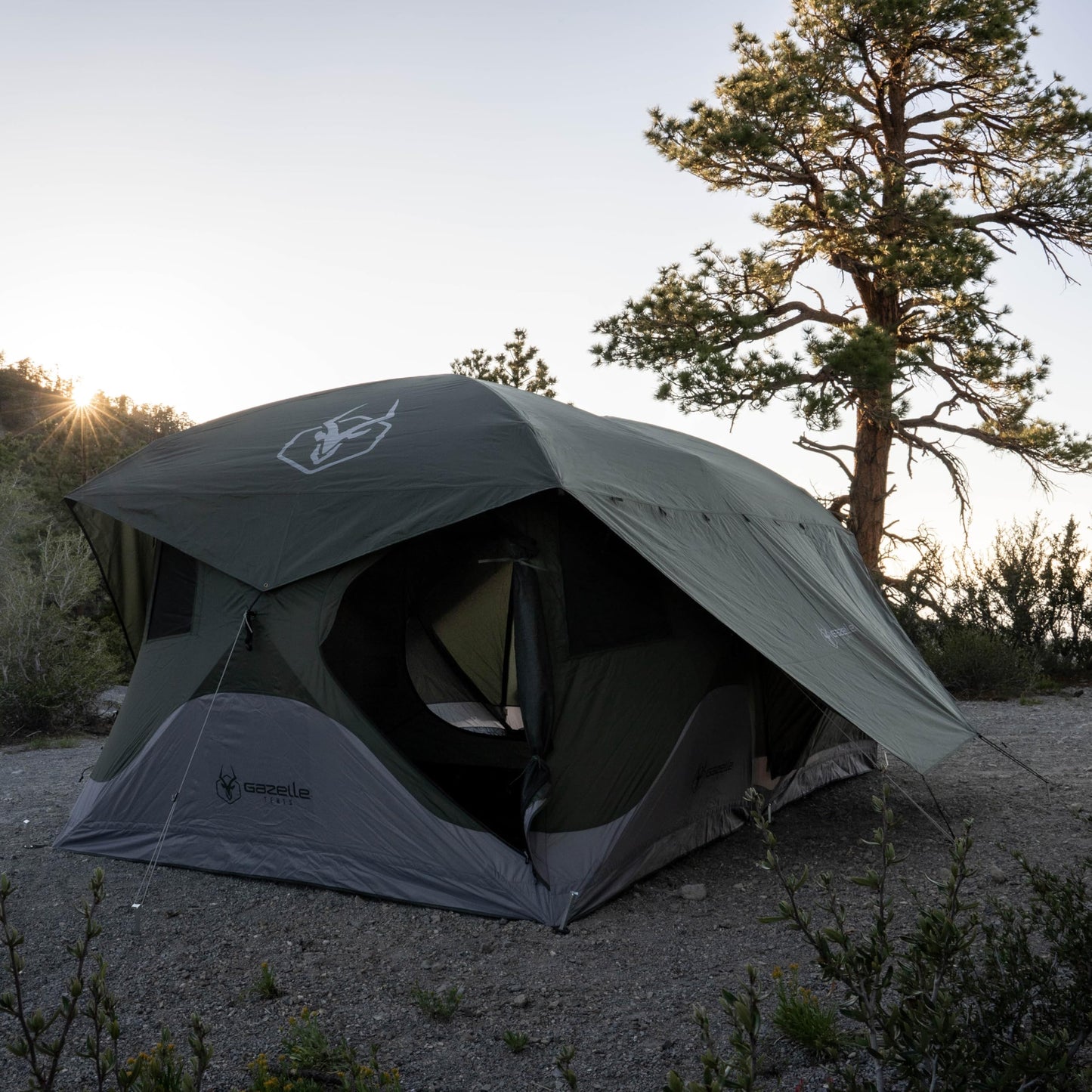 Gazelle Tents™, T4 Tandem Hub Tent, Easy 90 Second Set-Up, Waterproof, UV Resistant, Convertible Screen Room, Removable Floor, 4-8 Person, Alpine Green, 78" x 94" x 165", GT450GR