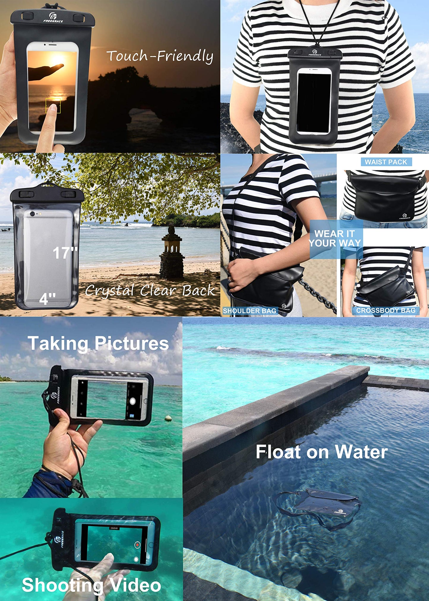 Freegrace Waterproof Dry Bag Set of 3 - Submersible Dry Sack with Double Zip Lock Seals - Includes Waist Pouch & Phone Case - Perfect for Kayaking, Swimming, Boating & Rafting (Black(Window), 5L)