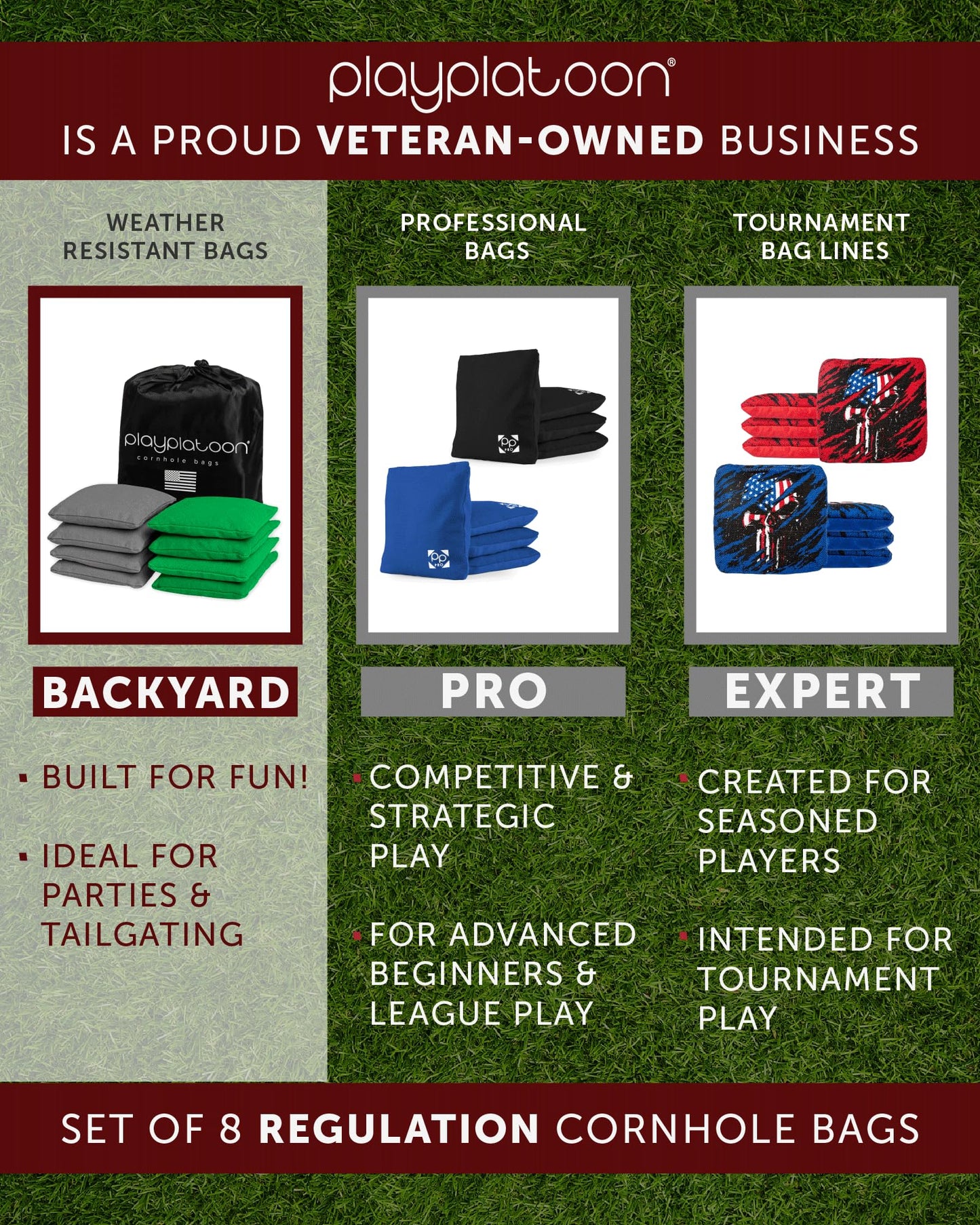Play Platoon Premium Weather Resistant Duckcloth Cornhole Bags - Set of 8 Bean Bags for Corn Hole Game - Regulation Size & Weight - Thin Red Line - American