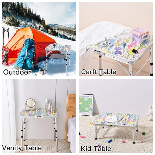 Yriuat Folding Camping Table 2ft Portable Pinic Table Adjustable Height Small Card Table Aluminum Foldable Lightweight with Carry Handle for Outdoor Indoor Hiking Camp BBQ Beach (Blooming Floral)