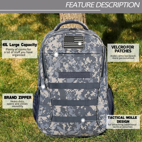 gulimirror Camo Backpack 40L Military Elementary Middle School Boys Backpack Molle with USB Charging Port & Flag Patch
