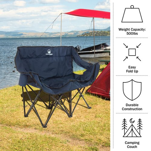 Double Camping Chair - Foldable Portable Couch with 2 Cupholders and Padded Seats - Two-Person Camp Chair with Carrying Bag by Wakeman Outdoor (Blue)