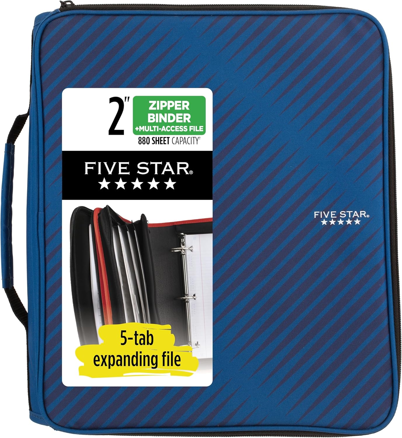 Five Star Zipper Binder, 2 Inch 3-Ring Binder with Round Rings, 5-Tab Expanding File, 380 Sheet Capacity, Cobalt Blue (72534)