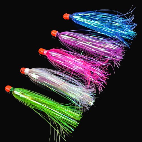 Mylar Flash Teaser Tail Fishing Teasers Weighted Jig Heads Fishing Bait Bullet Sinker Head 0.35 Ounce with Mylar Flash Skirts Hair Lure 8pcs/Pack