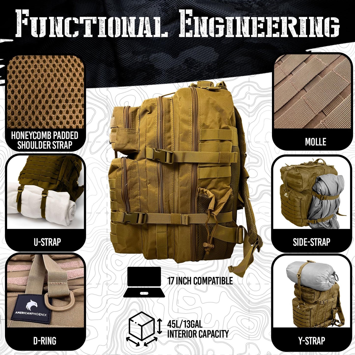 AMERICANPHOENIX 45L Elite Tactical Backpack | 3X Stronger Work & Military Backpack | Water Resistant and Heavy Duty | 3 Day MOLLE Bug Out Bag (Dune Brown)