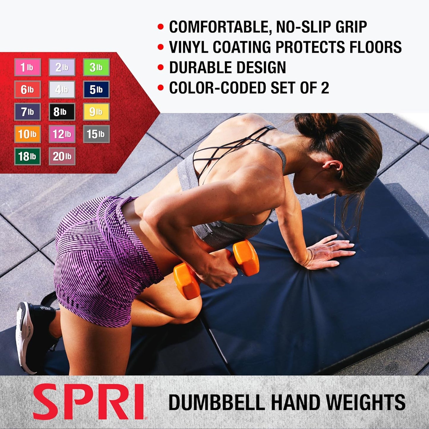 SPRI Dumbbells Hand Weights Set of 2 - Vinyl Coated Exercise & Fitness Dumbbell for Home Gym Equipment Workouts Strength Training Free Weights for Women, Men (1-10 Pound, 12, 15, 18, 20 lb)