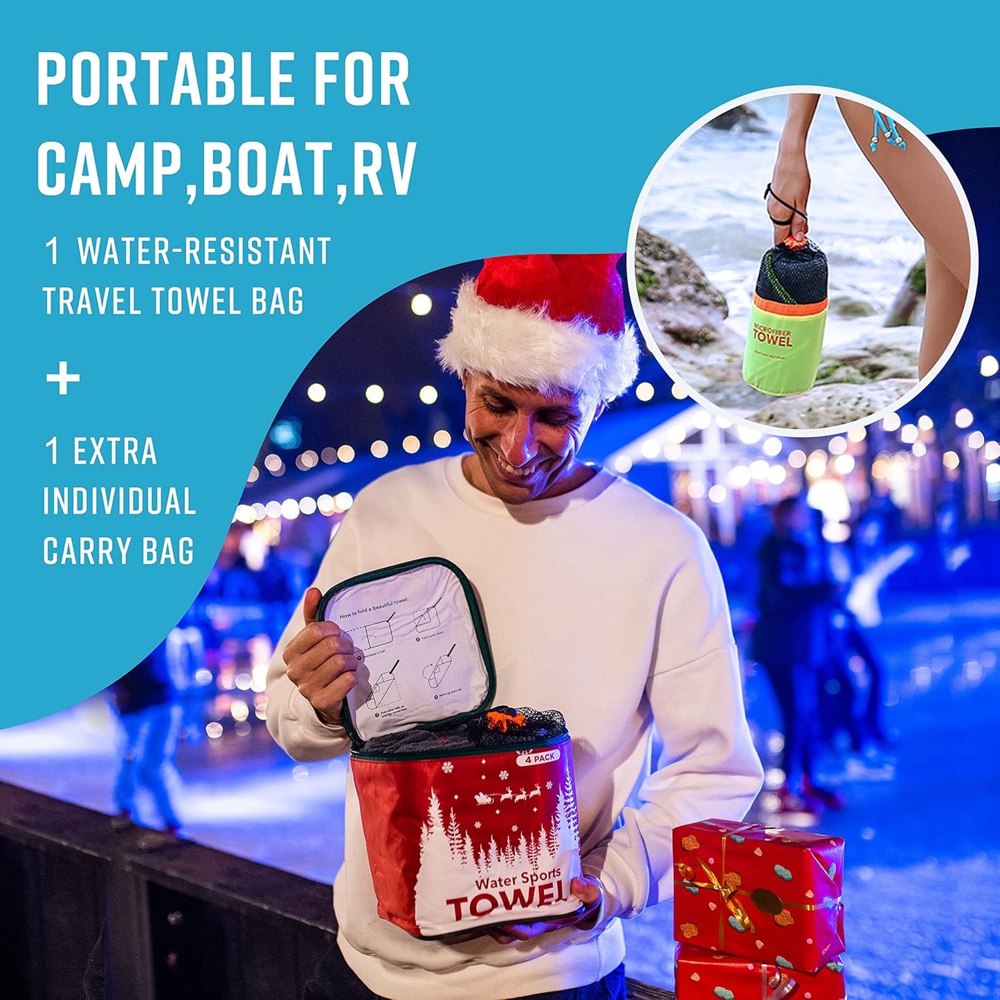 4Monster 4 Pack Microfiber Camping Towel Quick Dry, Super Absorbent Travel Towel with Waterproof Bag, Lightweight Boat Towel for RV, Sport, Gym, Beach, Pool, Swim,Family Trip