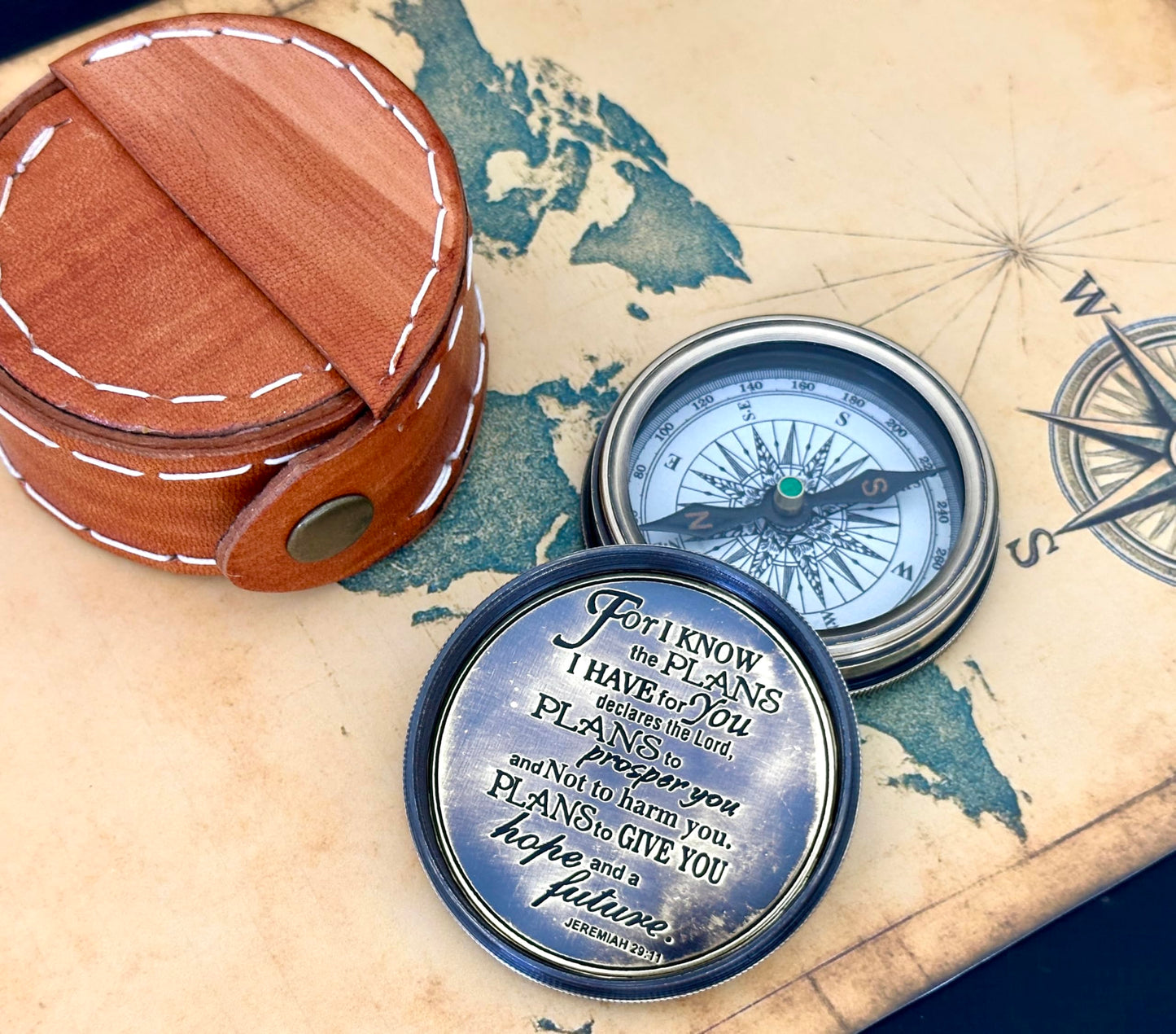 for I Know The Plans I Have for You - Jeremiah 29:11, Compass Engraved Leather Box, Christian & Religious Gifts for Men, Confirmation, Communion & Baptismal Gifts