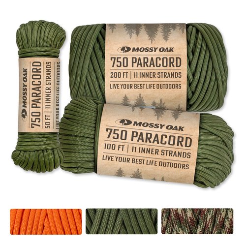 Mossy Oak Paracord Rope 750 with 11 Inner Strands | 200ft Nylon String, Tactical Survival Gear for Camping, Hunting, Fishing, Hiking, Crafting & DIY | Durable & Lightweight, 4mm Parachute Cord (Olive)