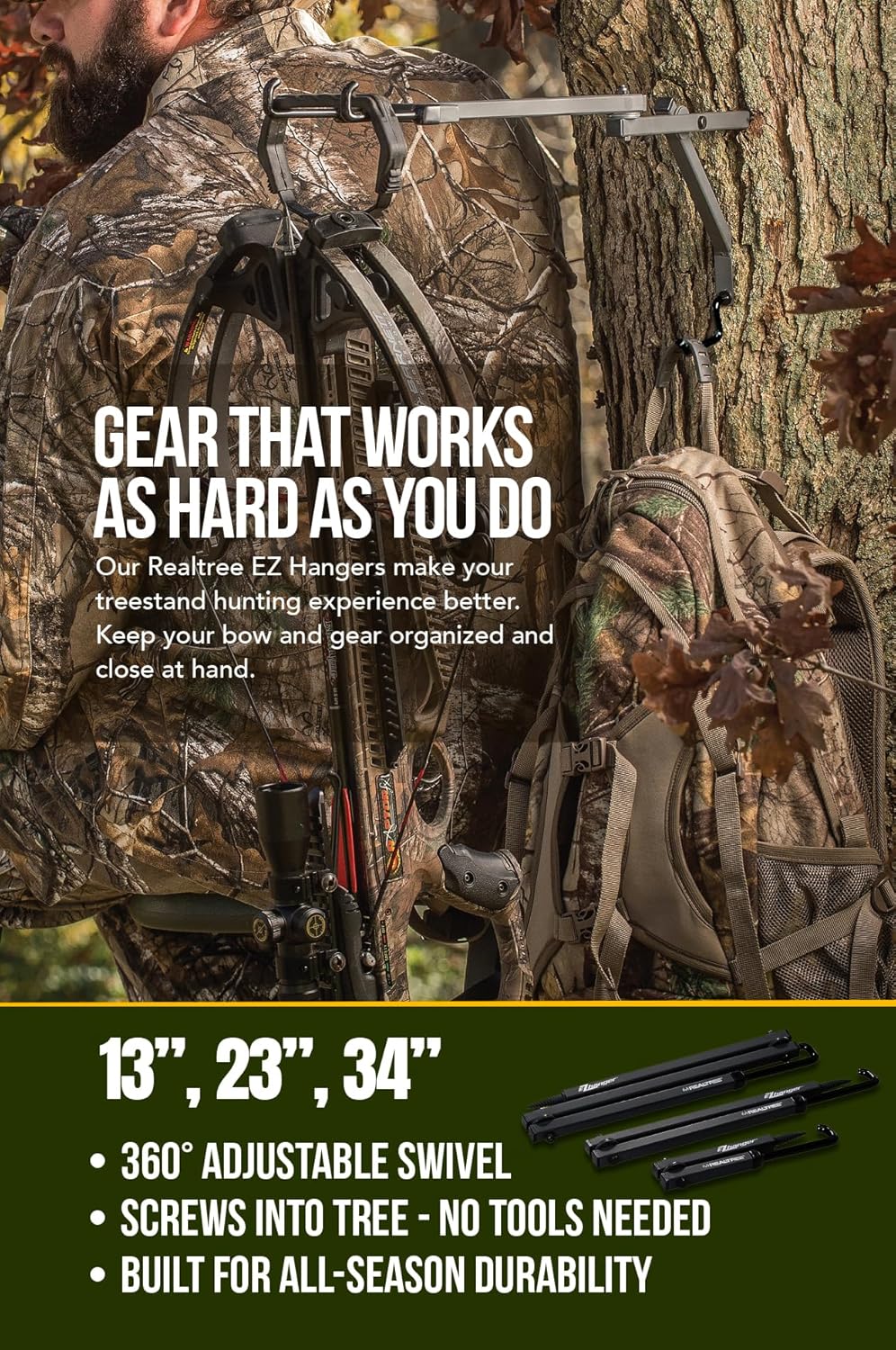 Realtree Multi-Purpose EZ Hanger Combo 3-Pack – 13”, 23”, 34” – Durable Tree Stand Bow and Gear Hanger for Hunting – Foldable, Lightweight, Easy-Screw Design