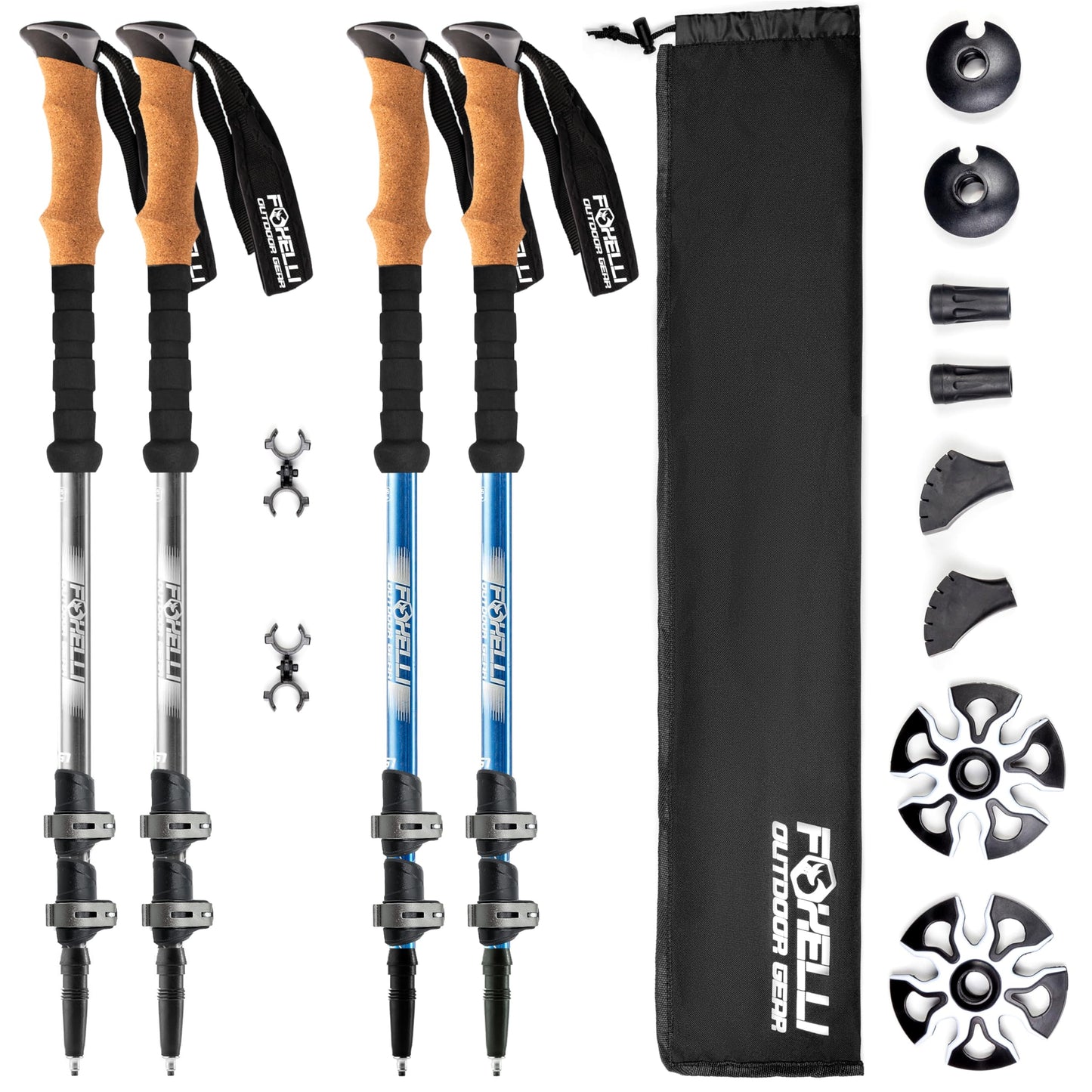 Foxelli Hiking Poles Bundle (2 Pairs) – Grey & Blue Collapsible Lightweight Aircraft-Grade Aluminum Trekking Poles with Accessories