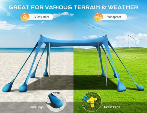 Rengue Beach Tent, Beach Canopy UPF50+ UV Protection, 10x10ft Beach Shade Sun Shelter with 8 Sandbags, Sand Shovels, Ground Pegs, Stability Poles for Camping, Fishing, Picnics, Backyard Fun, Sky Blue