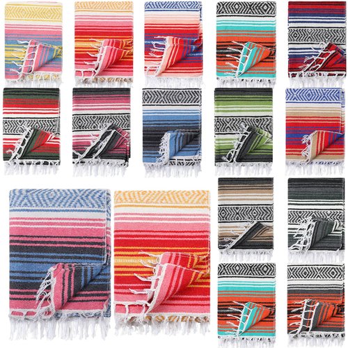 Macarrie 16 Pcs Mexican Blankets Bulk, 51 x 71 Large Mexican Serape Colorful Striped Falsa Blanket for Outdoor Camping Beach Picnic Home Decor