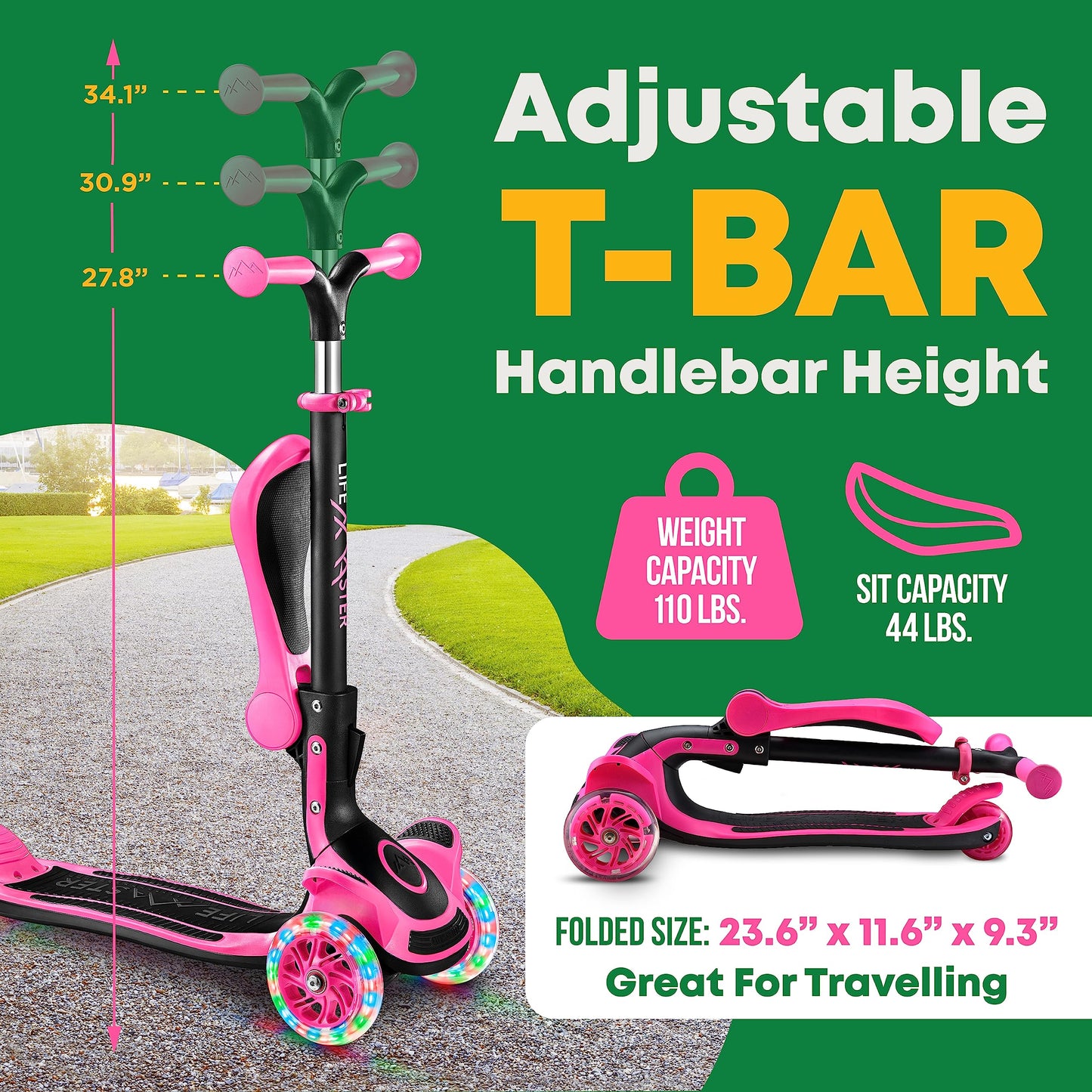 3 Wheel Scooter for Kids with Foldable Seat, Adjustable Handlebar Height, Lean-to-Steer Ride On Toy for Kids Ages 2+, Light-Up LED Wheels, Wide Anti Slip Deck, Indoor & Outdoor Use, Pink