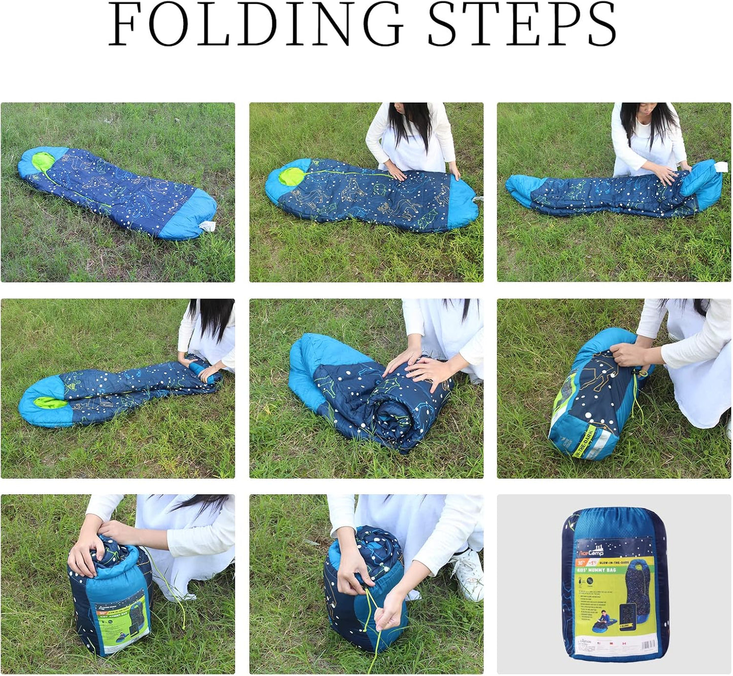 AceCamp Glow in The Dark Mummy Sleeping Bag for Kids and Youth, Temperature Rating 30°F/-1°C, Water-Resistant for Camping, Hiking, and Slumber Party